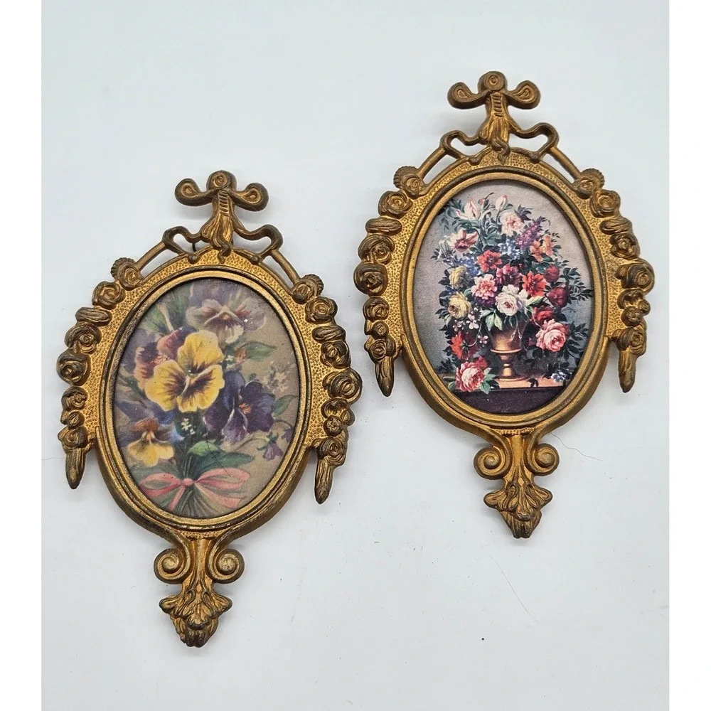 Vintage Ornate Gold Floral Wall Art Set of 2 Oval Frames Pansies Roses 6in